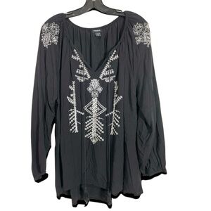 Torrid Blouse Womens Black White Embroidered Tunic Tassels Flowy Boho Comfort 2